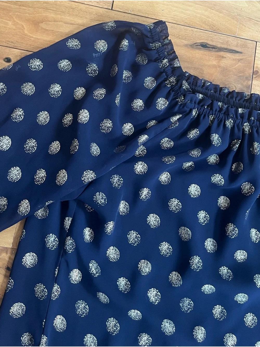 Joseph Ribkoff Navy and Gold Polka Dot Off-Shoulder Pillow Sleeve Ruffle Blouse - Picture 5 of 12